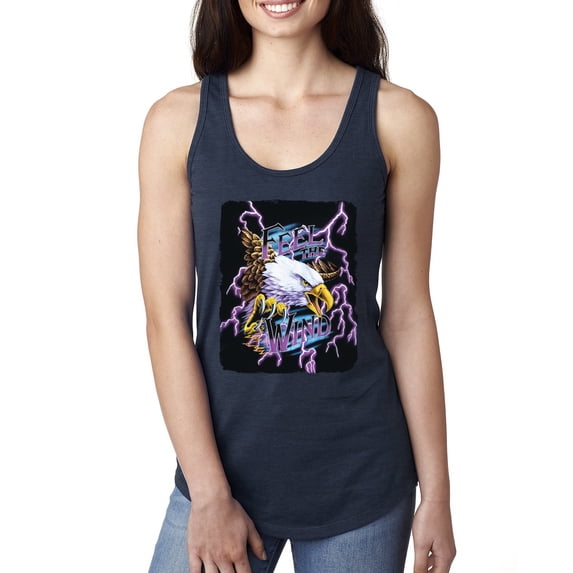 Feel the Wind Retro Heavy Metal Bald Eagles Fashion Ladies Racerback Tank Top, Navy, Small