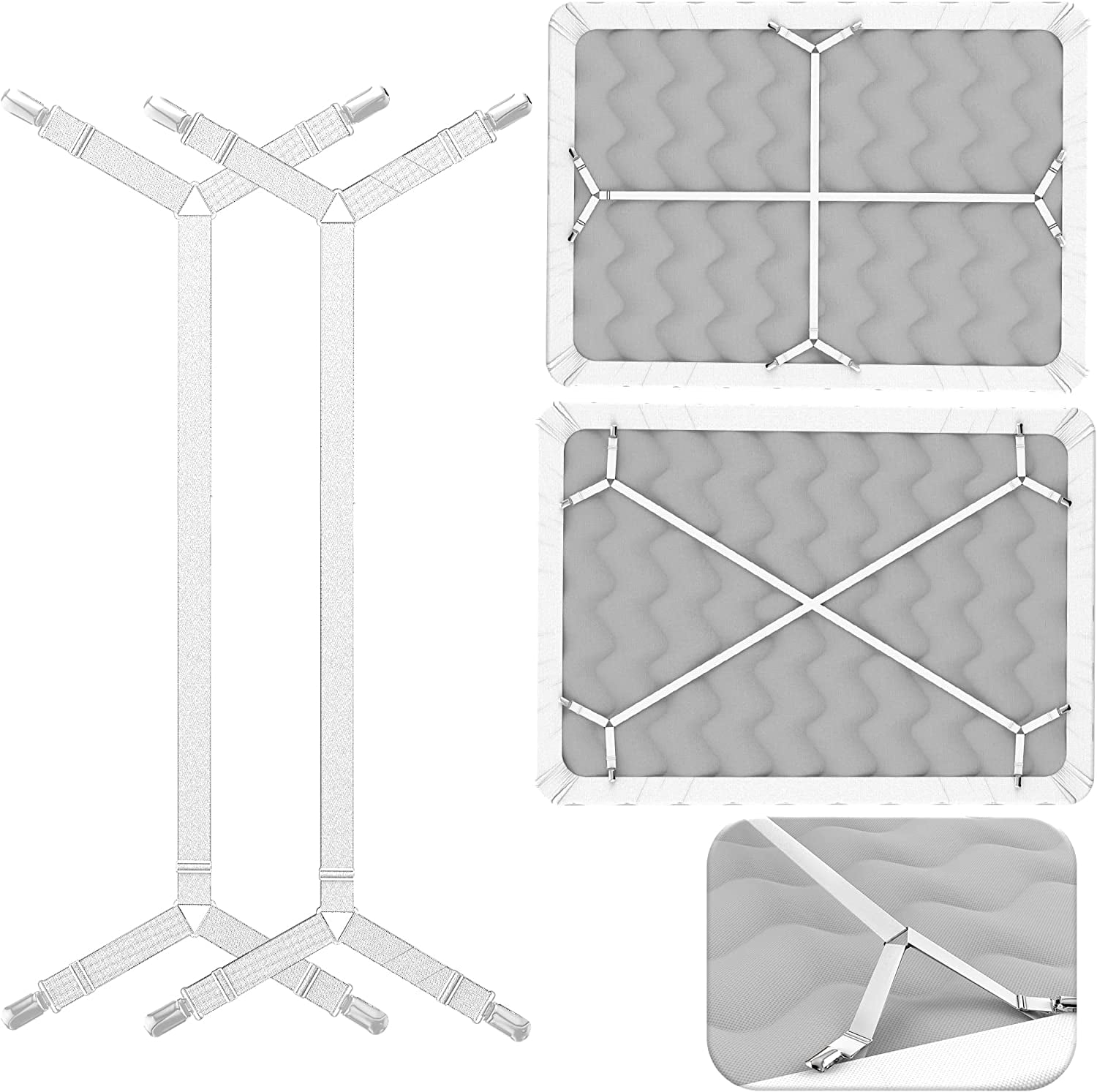 FeelAtHome Bed Sheet Straps, CrissCross Bed Sheet Clips, White, 2