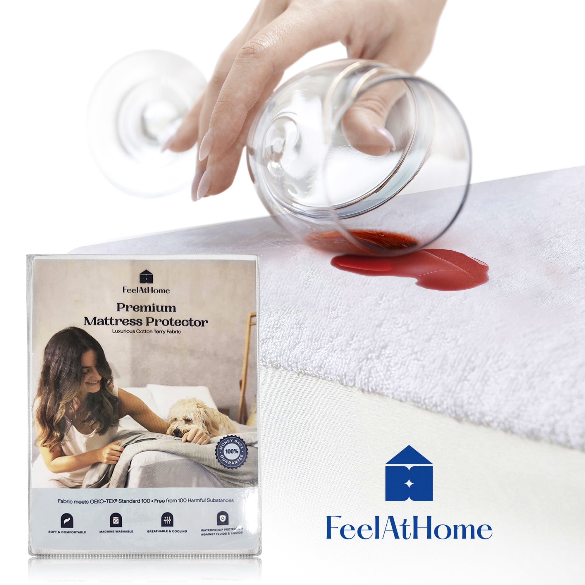 FeelAtHome Mattress Cover and Protector - 100% Waterproof, Noiseless Cotton Terry Fabric, King, White