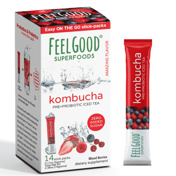 FeelGood Superfoods Kombucha Iced Tea Packets, Delicious Mixed Berries Flavored Refreshing Instant Kombucha Powder Fizzy Drink, Probiotic Supplement for Gut Health, 14 pack