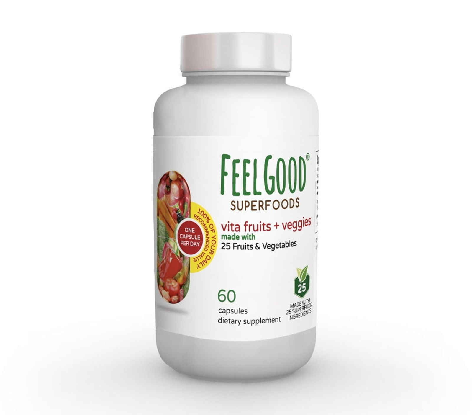 FeelGood Superfoods Vita Fruits and Veggies Dietary Supplement Capsules Made from 25 Superfood Ingredients, 60 Count