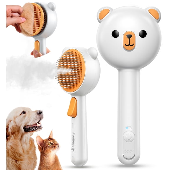 FeelNeedy 3 in 1 Cat Brush, Cat Steam Brush for Shedding & Grooming Tool, Self-Cleaning Slicker Brush for Indoor Cats, Pet Hair Removal Comb with Release Button for Long Short Haired Cats Dogs