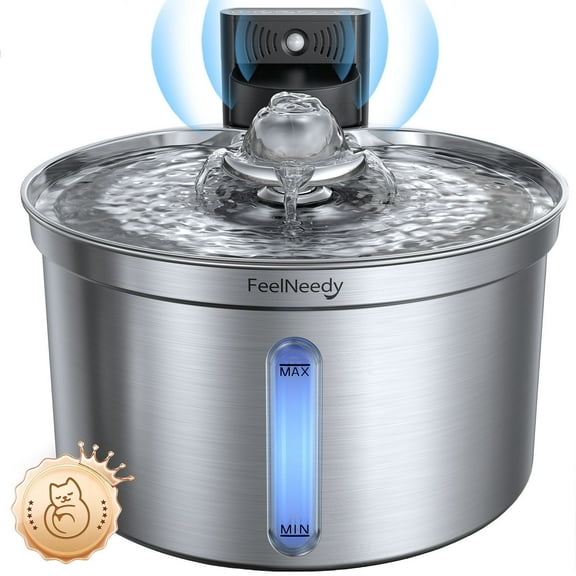FeelNeedy Cat Water Fountain Stainless Steel with filter, 118oz/3.5L Wireless Battery Operated Pet Fountain, Automatic Water Dispenser for Cats and Dogs, Silver