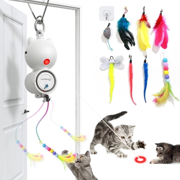 FeelNeedy Interactive Cat Toys for Indoor Cats, 2 in 1 Automatic Laser Teaser Cat Toy with 8 Replacement Hanging Toys, USB Rechargeable Self Play Toy for Cats and Kittens