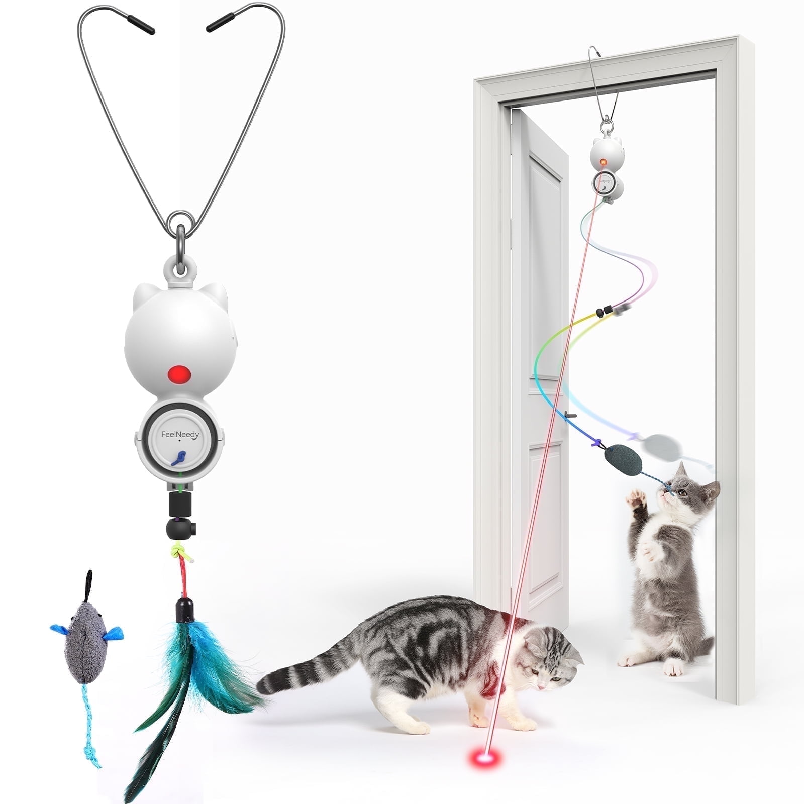FeelNeedy Interactive Cat Toys for Indoor Cats, 2 in 1 Automatic Laser Teaser Cat Toy, USB Rechargeable Self Play Toy for Cats and Kittens, White