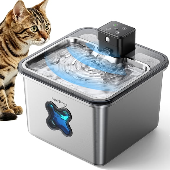 FeelNeedy Wireless Cat Water Fountain Stainless Steel, 3.2L/108oz Cordless Battery Operated Cat Fountain, Smart Sensor Automatic Water Dispenser for Cats with Visible Filter