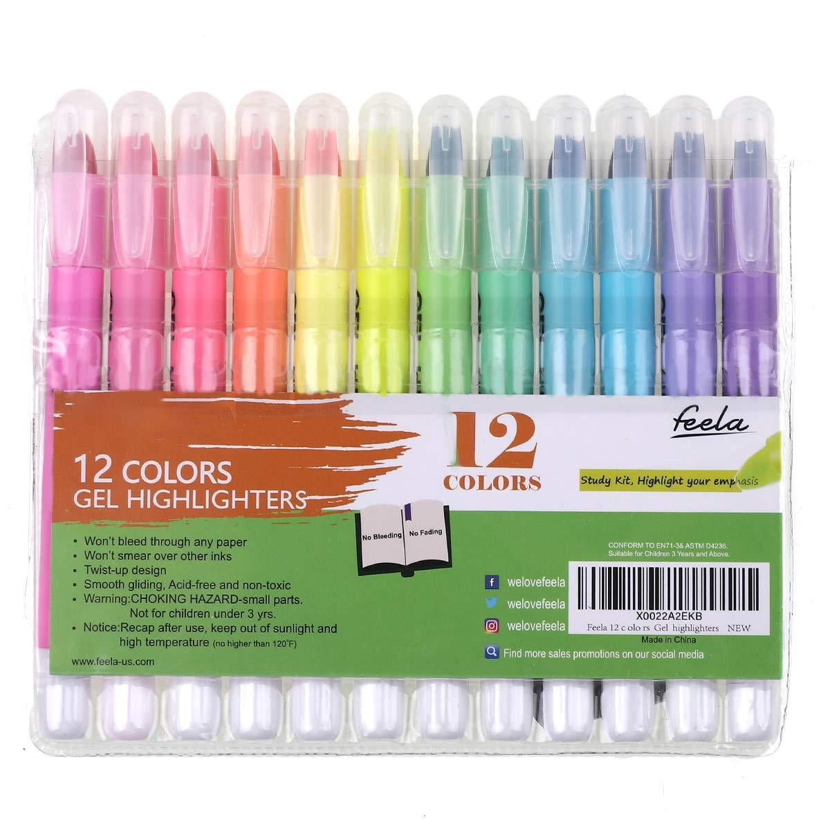 Feela 24 Pack Gel Highlighters, 12 Assorted Colors Bible Highlighter  Markers Journaling Supplies, No Bleed Through For Highlighting Journal  School
