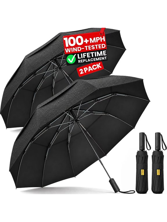 2 Pack Strongest Windproof Travel Umbrella Withstands 100MPH Winds, 10 All-Fiberglass Ribs, Withstands Severe Weather, Automatic Folding, Compact & Portable, for Women & Men, UPF 50+, Black