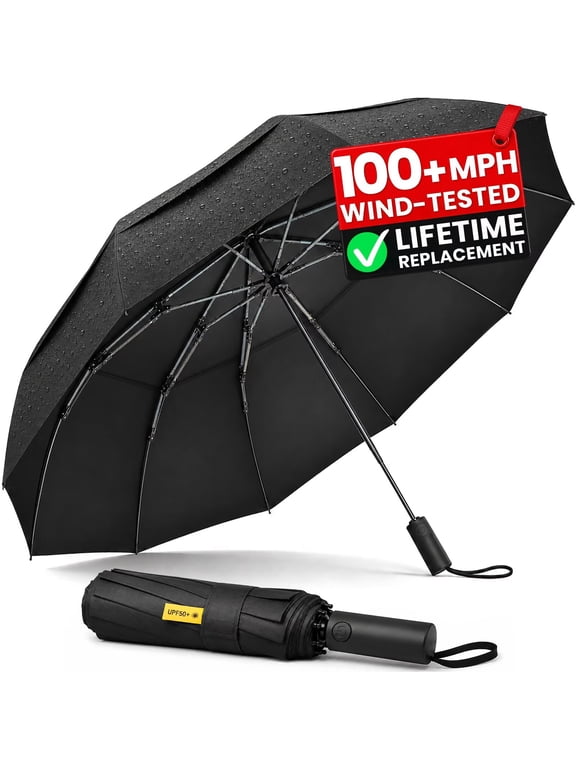 Strongest Windproof Travel Umbrella, Withstands 100MPH Winds, 10 All-Fiberglass Ribs, Withstands Severe Weather, Automatic Folding, Compact & Portable, for Women & Men, UPF 50+, Black