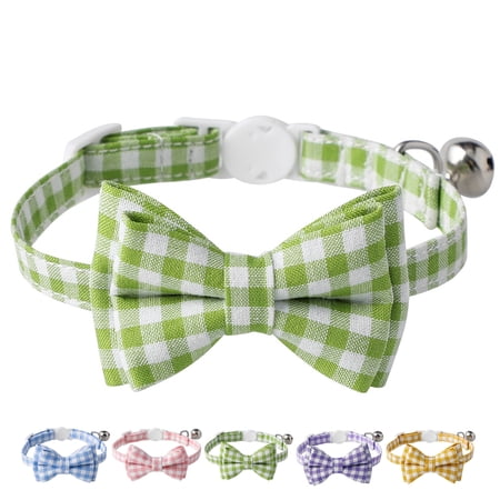 Feelers Cat Collar with Bow & Bell, Cute Plaid Patterns Collars, 1 Pack, Green