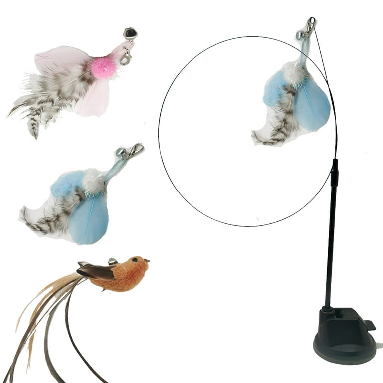 Feelers Cat Toy Suction Cup - 3 Pack Cat Toys with an Upgraded Suction Cup,  Cat Teaser Wand Toys (Pink Blue Flying Insect, Whidah Bird) 