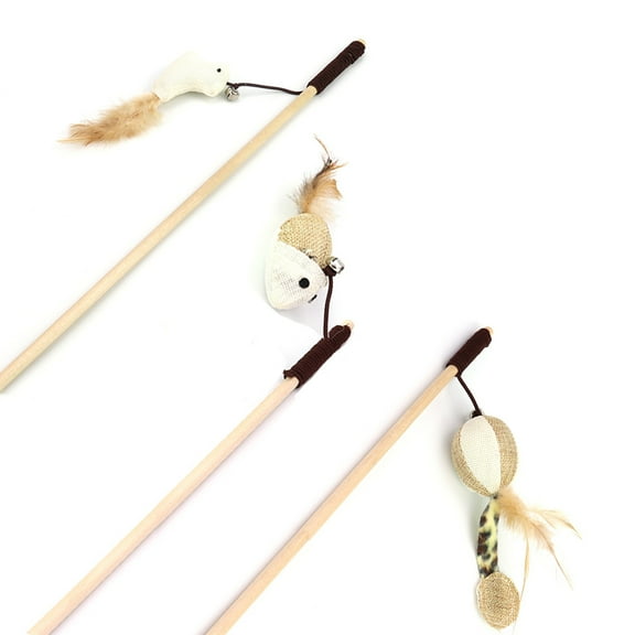 Feelers Cat Toys, Natural Wood Cat Wand, 3 Pack Cat Teaser Toys