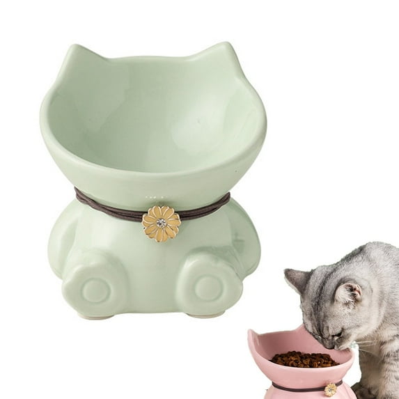 Feelers Ceramic Cat Bowl, Tilted Elevated Pet Food Bowl,Raised Cat Food Bowl for Flat Cats & Small Dog, Green, L
