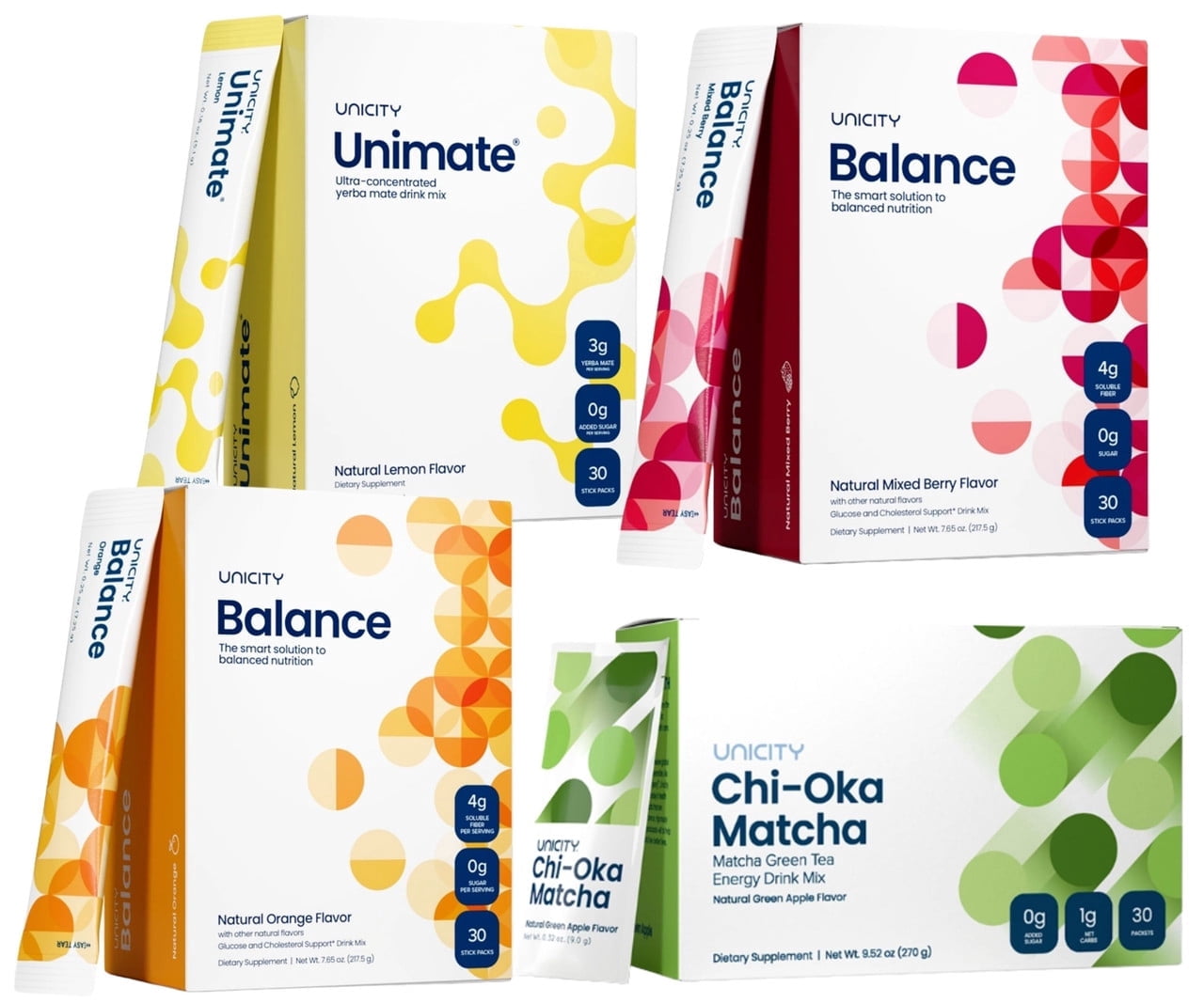 Feelgreat pack with Chi-Oka matcha: Balance Mixed Berry, Natural Orange and Unimate Lemon 1 Box each (90 Packets) + Chi-Oka matcha 1 Box (30 Packets)