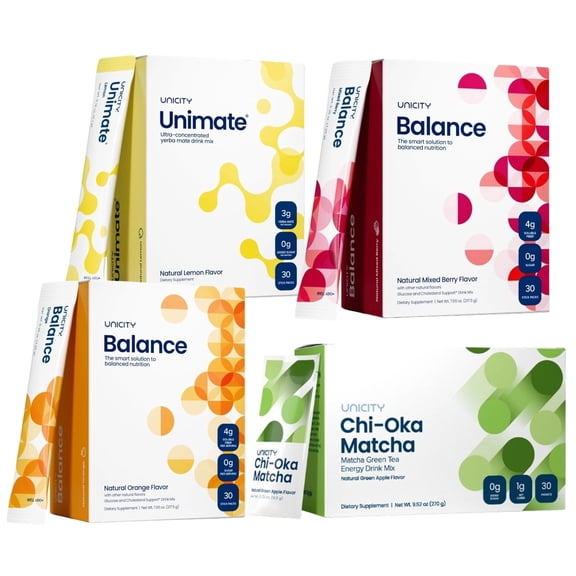 Feelgreat pack with Chi-Oka matcha: Balance Mixed Berry, Natural Orange and Unimate Lemon 1 Box each (90 Packets) + Chi-Oka matcha 1 Box (30 Packets)