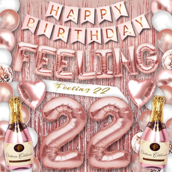 Feelin 22 Party Supplies for Her Rose Gold 22nd Birthday Decorations for Women and Girls with Happy Birthday Banner and Digit Balloons Including Latex and Confetti Balloons