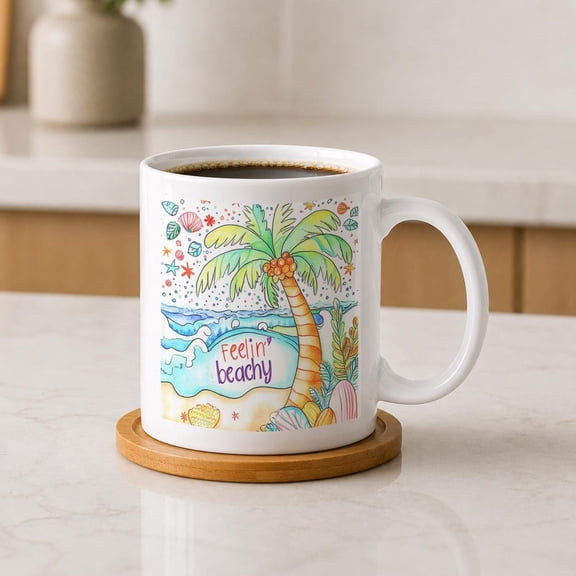 Feelin Beachy Coffee Mug, Tropical Beach Ceramic Cup, Coastal Summer Tea Mug, Palm Tree Ocean Lover Gift, Seaside Drinkware