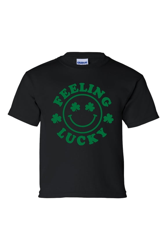 Feelin Lucky Youth Kids St. Patricks Day Lucky Smile Face Shamrock Short Sleeve T-shirt Graphic Tee-Black-large