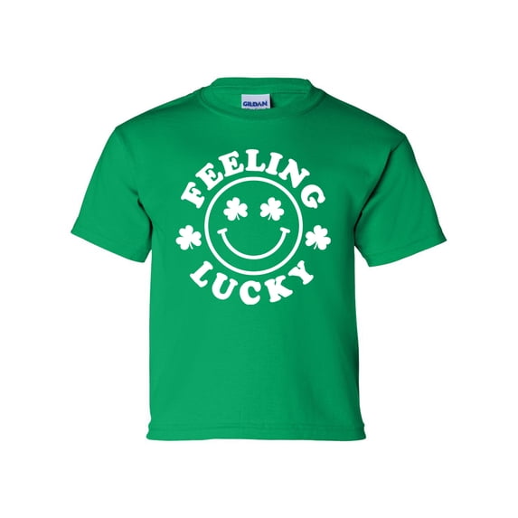 Feelin Lucky Youth Kids St. Patricks Day Lucky Smile Face Shamrock Short Sleeve T-shirt Graphic Tee-Kelly Green-small