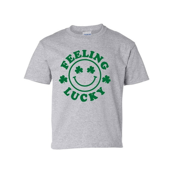 Feelin Lucky Youth Kids St. Patricks Day Lucky Smile Face Shamrock Short Sleeve T-shirt Graphic Tee-Sports Grey-medium