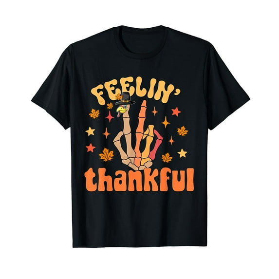 Feelin Thankful Thanksgiving,Turkey Skeleton Hand Peace Sign T-Shirt