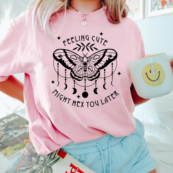 Feeling Cute Might Hex You Later Shirt, Celestial Graphic Shirt, Moth And Moon Phases T-Shirt, Witc.Hy Tee