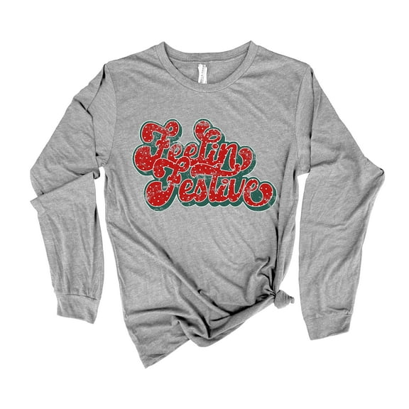 Feeling Festive Christmas Colors Red and Green Retro Holiday Shirt Ladies Womens Long Sleeve T-shirt Christmas Graphic Tee-Athletic Heather-small