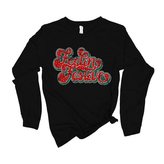 Feeling Festive Christmas Colors Red and Green Retro Holiday Shirt Ladies Womens Long Sleeve T-shirt Christmas Graphic Tee-Black-small