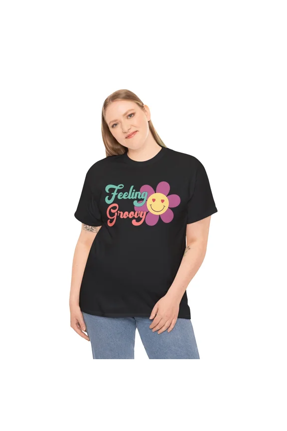 Feeling Groovy Retro Flower Smiley Face Unisex T-Shirt 70s Style, S-5XL