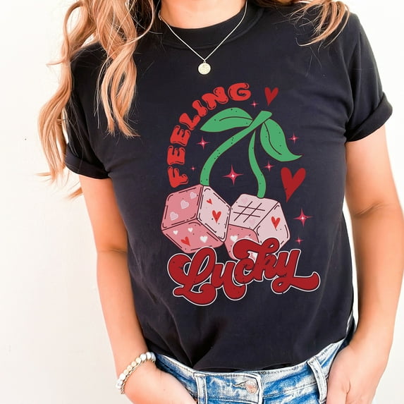 Feeling Lucky Die Valentine's Day Comfort Colors Shirt, Retro Valentines Groovy Lucky Die T-shirt, Valentines Day Cherry Dice Shirt (Colors:Black; Sizes:3XL;)