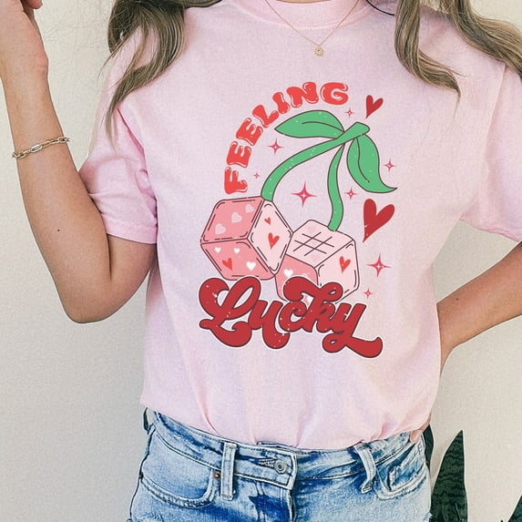 Feeling Lucky Die Valentine's Day Comfort Colors Shirt, Retro Valentines Groovy Lucky Die T-shirt, Valentines Day Cherry Dice Shirt (Colors:Blossom; Sizes:3XL;)