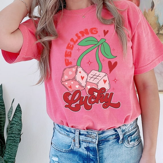 Feeling Lucky Die Valentine's Day Comfort Colors Shirt, Retro Valentines Groovy Lucky Die T-shirt, Valentines Day Cherry Dice Shirt (Colors:Crunchberry; Sizes:S;)