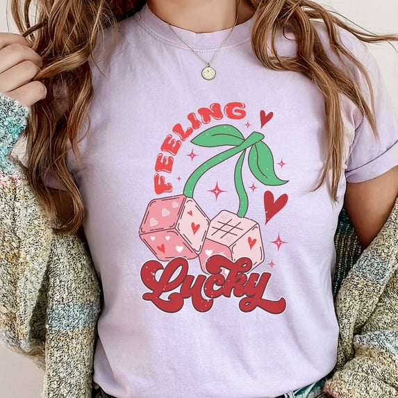 Feeling Lucky Die Valentine's Day Comfort Colors Shirt, Retro Valentines Groovy Lucky Die T-shirt, Valentines Day Cherry Dice Shirt (Colors:Orchid; Sizes:3XL;)