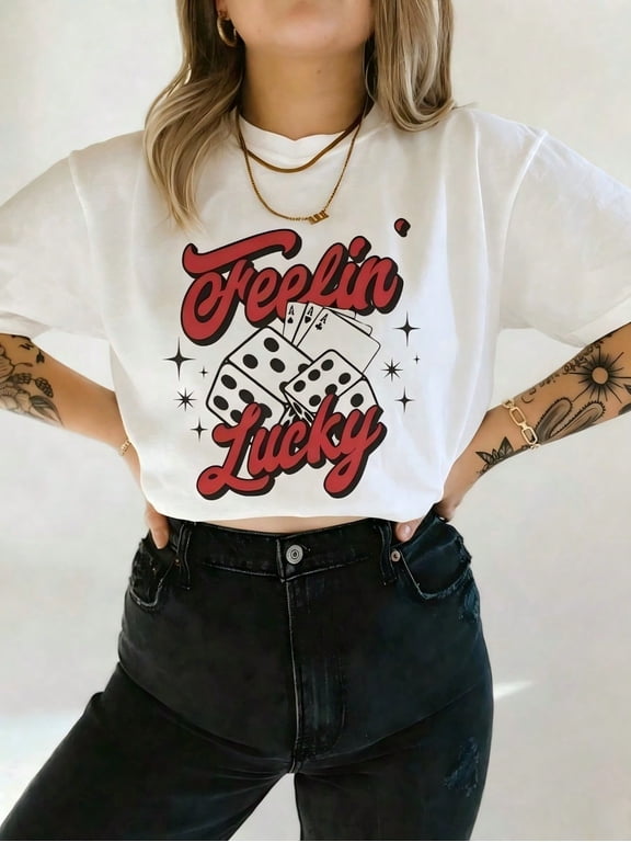 Feeling Lucky Las Vegas Print Oversized Short Sleeve Tee Vintage Top