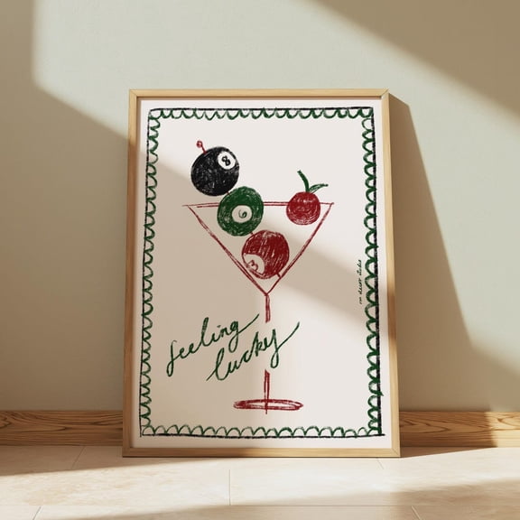 Feeling Lucky Pool Ball Art Print Poster, Vintage Food Print, Trendy Retro Print, Drink Art Illustration, Modern Kitchen Wall Art UNFRAMED PAPER POSTER, Home Decor, Vintage Gift, Living Room Dercor