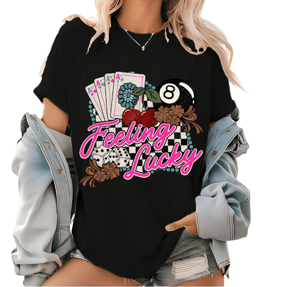 Feeling Lucky Print T Shirts Retro Desert Vegas Girls Trip Boho Hippie Western Graphic Tees Cowgirl & Cowboy Pattern Casual Tops Black,S