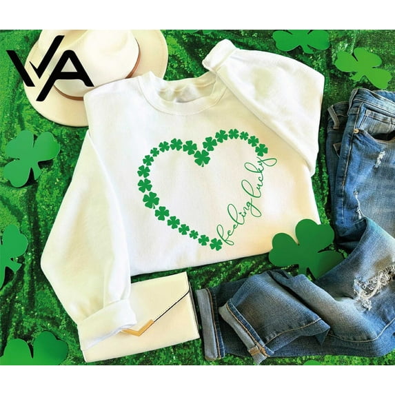 Feeling Lucky St. Patrick'S Sweatshirt, Green Shamrock Shirt, Heart. St. Patrick’S Day Shirt For Teachers, Feeling Lucky Shirt, Lucky Hoodie, Full size S-5XL