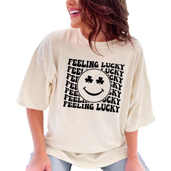 Feeling Lucky, St. Patrick's Day or Irish Themed, Groovy Retro Wavy Text, Ivory Comfort Colors T-Shirt, Small