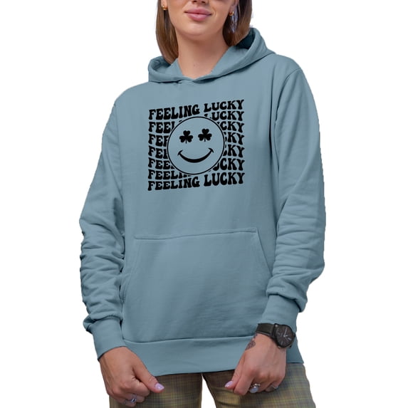 Feeling Lucky, St. Patrick's Day or Irish Themed, Groovy Retro Wavy Text Merch Gift, Light Blue Hooded Sweatshirt or Hoodie, 3XL