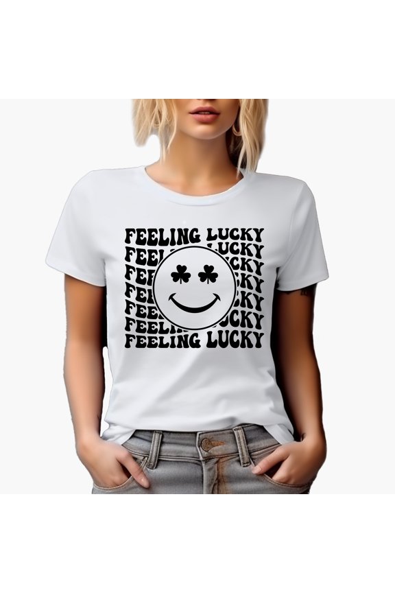 Feeling Lucky, St. Patrick's Day or Irish Themed, Groovy Retro Wavy Text Merch Gift, White T-Shirt, Small