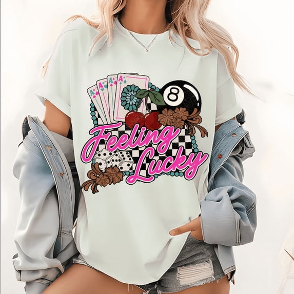 "Feeling Lucky" Tops for Women with Poker Cards, 8 - Ball, Cherries & Dice Print T - shirts Stylish Graphic Tees Perfect For Casual Short Sleeve Shirts
