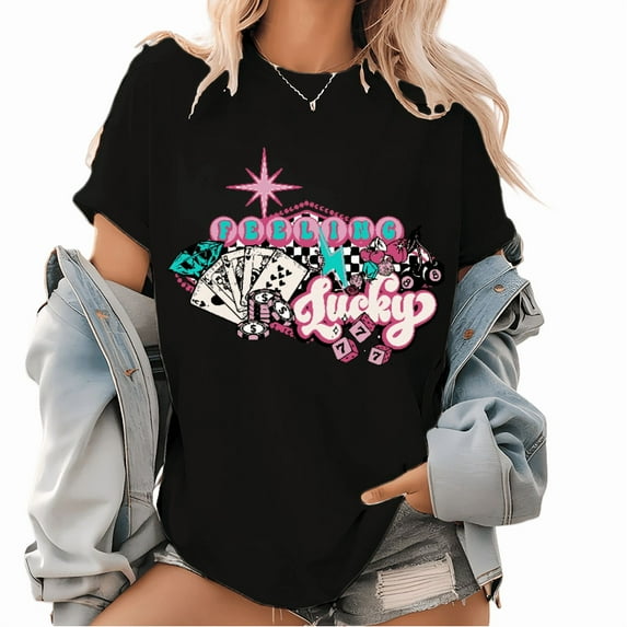 Feeling Lucky Turquoise Checkered & Concho Print T Shirts Pink Cowgirl Eight Ball Dice Cards Western Pattern Casual Tops for Daily Outfits Black,4XL