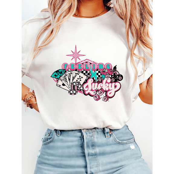 Feeling Lucky Turquoise Checkered & Concho Print Tshirts Pink Cowgirl Eight Ball Dice Cards Graphic Tees Western Short Sleeve Casual Tops for Daily Outfits White,XL