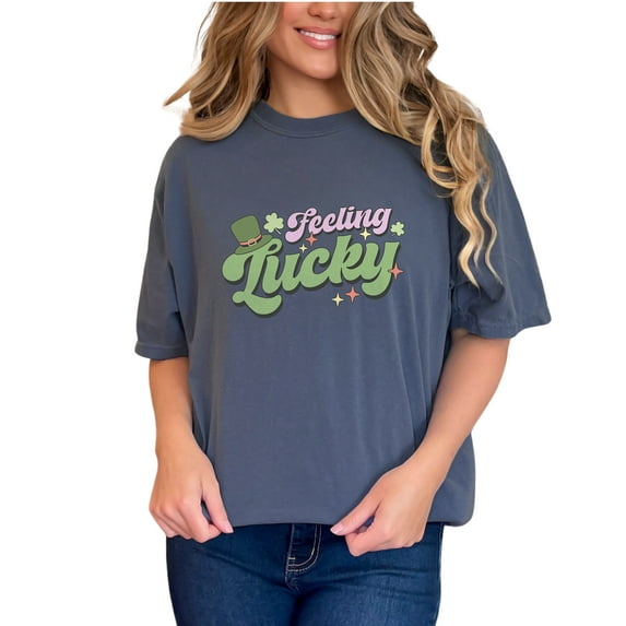 Feeling Lucky with Irish Cap, St. Patrick's Day, Denim Comfort Colors T-Shirt, Small