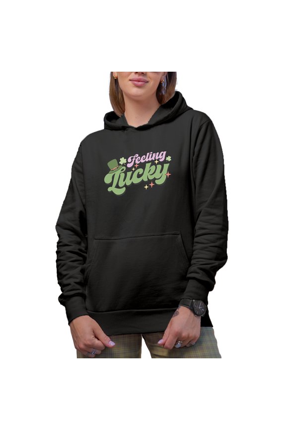 Feeling Lucky with Irish Cap, St. Patrick's Day Gift, Black Hooded Sweatshirt or Hoodie, Large