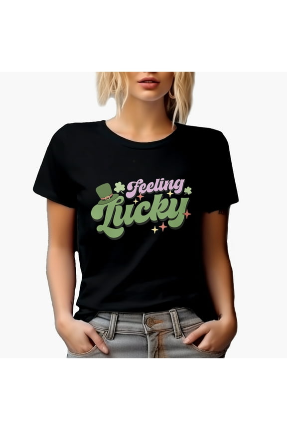 Feeling Lucky with Irish Cap, St. Patrick's Day Gift, Black T-Shirt, Small