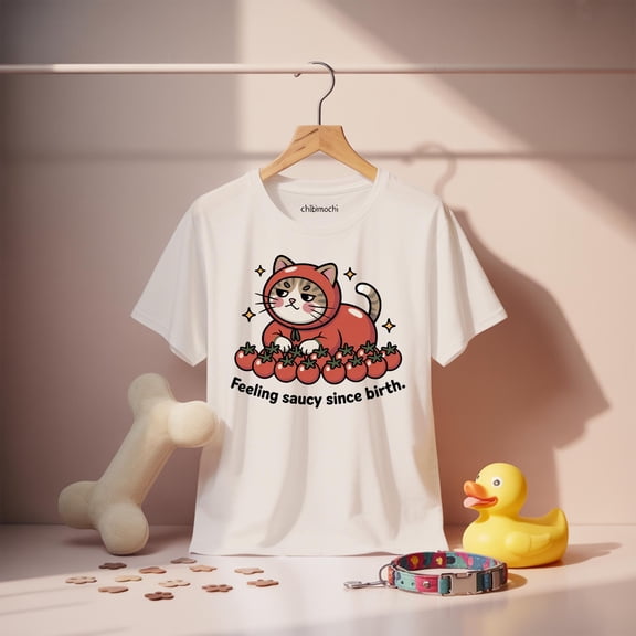 Feeling Saucy Since Birth T-Shirt \u2013 Funny Tomato Cat Tee, Kawaii Foodie Shirt, Cute Gift for Cat Lovers, Quirky Animal Pun Apparel