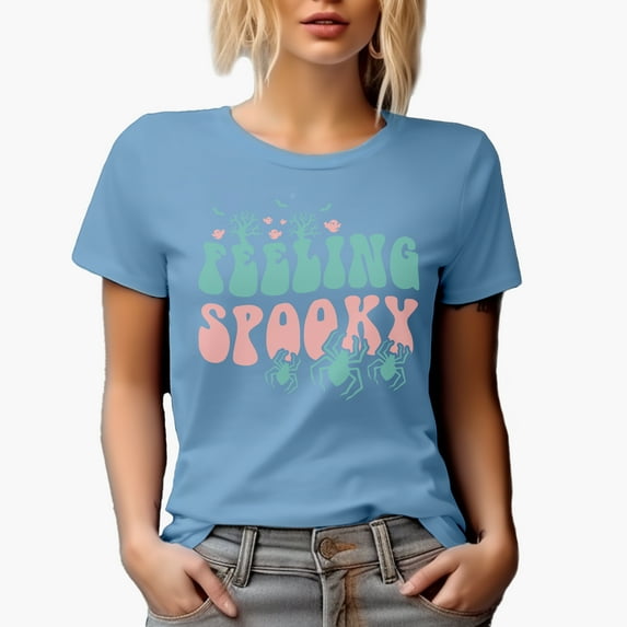 Feeling Spooky, Groovy Retro Wavy Text Merch Gift, Baby Blue T-Shirt, XL