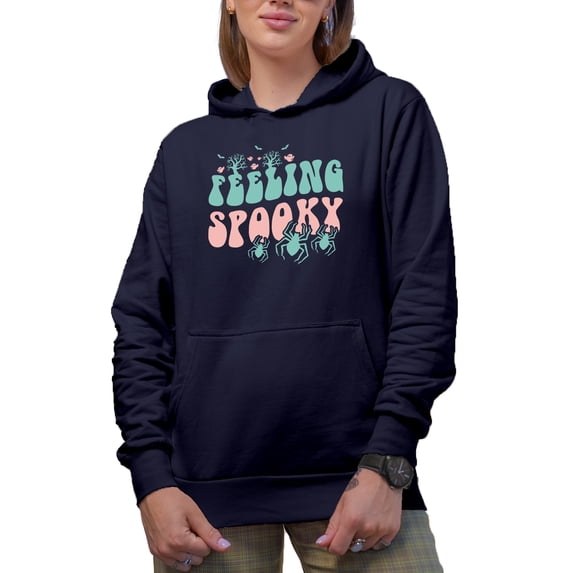 Feeling Spooky with Dead Trees & Spiders, Groovy Retro Wavy Text Merch Gift, Navy Blue Hooded Sweatshirt or Hoodie, Large