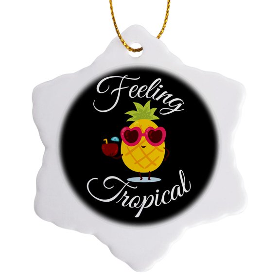 3drose, Feeling Tropical with Pineapple. White Lettering on Black Background., 3 inch Snowflake Porcelain Ornament